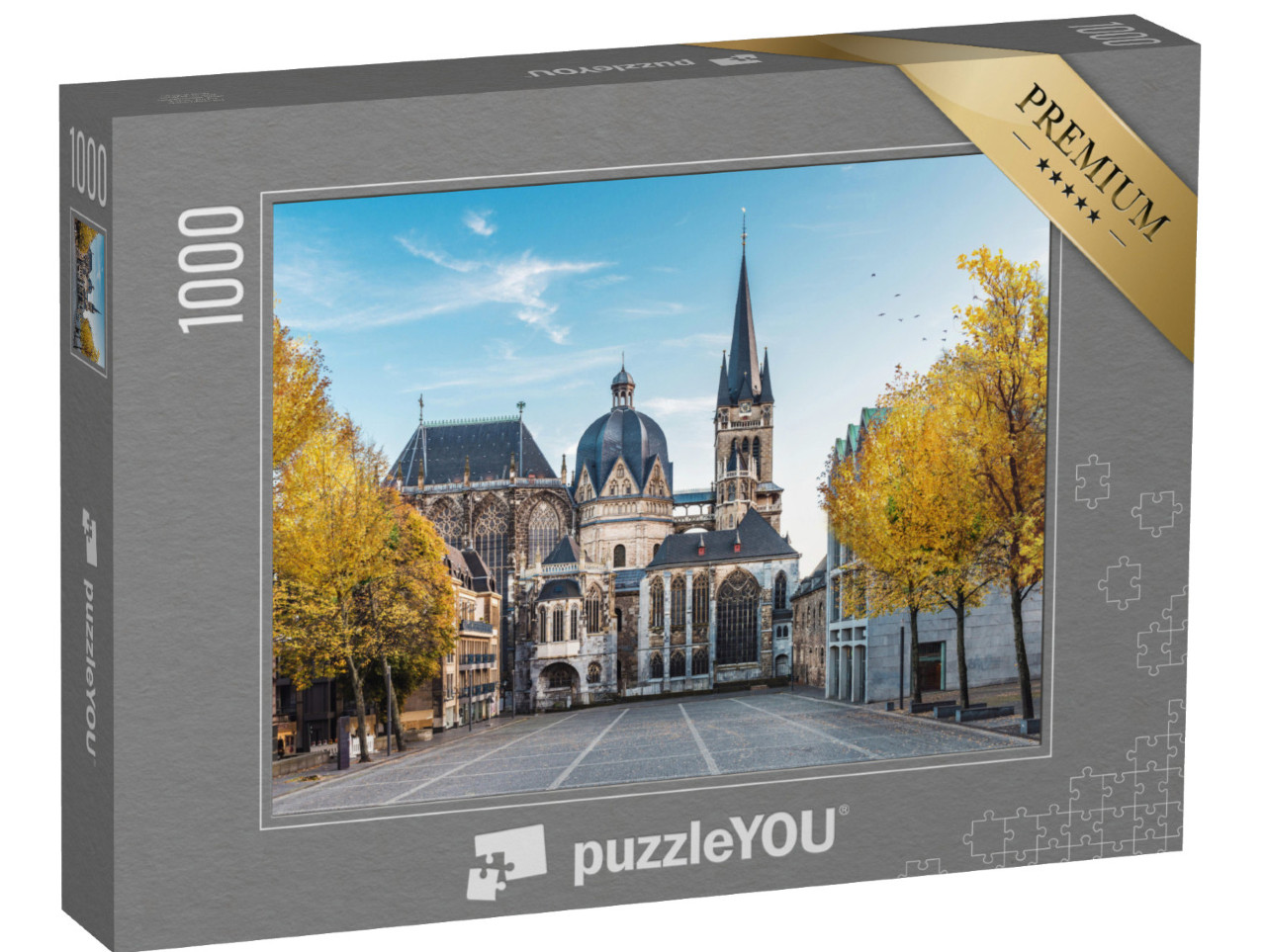 puzzle 1000 dílků „Obrovská gotická katedrála v Cáchách na podzim, Německo“