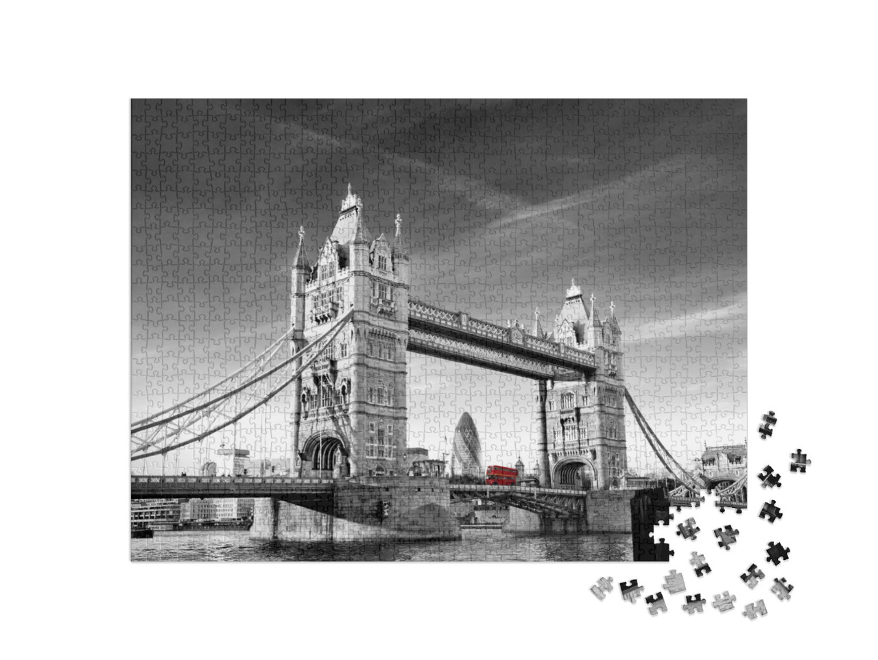 puzzle 1000 dílků „Tower Bridge v Londýně s okurkou a autobusem Routmaster“