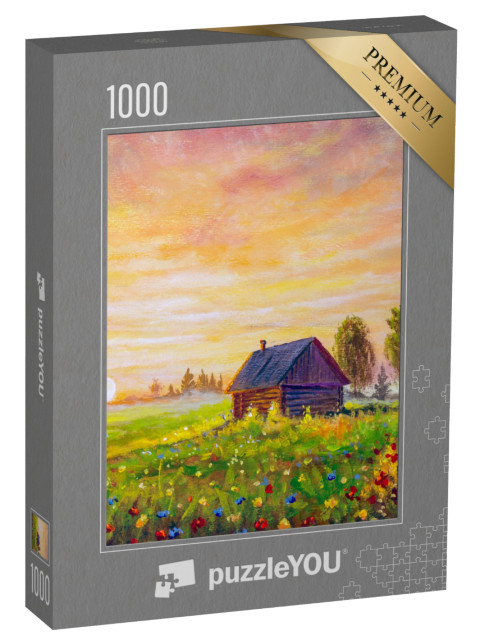 puzzle 1000 dílků „Olejomalba: Chata na letní louce večer“