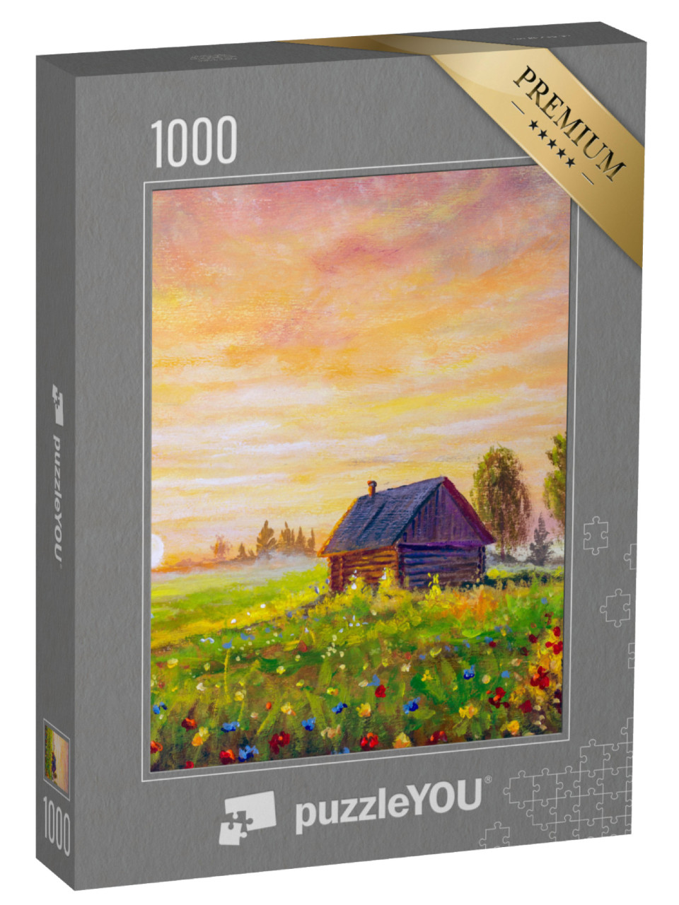 puzzle 1000 dílků „Olejomalba: Chata na letní louce večer“