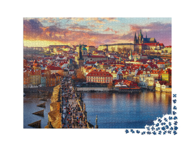 puzzle 2000 dílků „Panoramatický pohled na Karlův most, Pražský hrad a řeku shora“