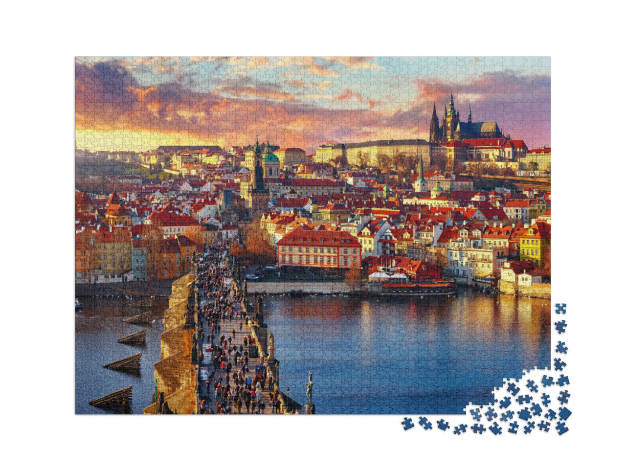 puzzle 2000 dílků „Panoramatický pohled na Karlův most, Pražský hrad a řeku shora“