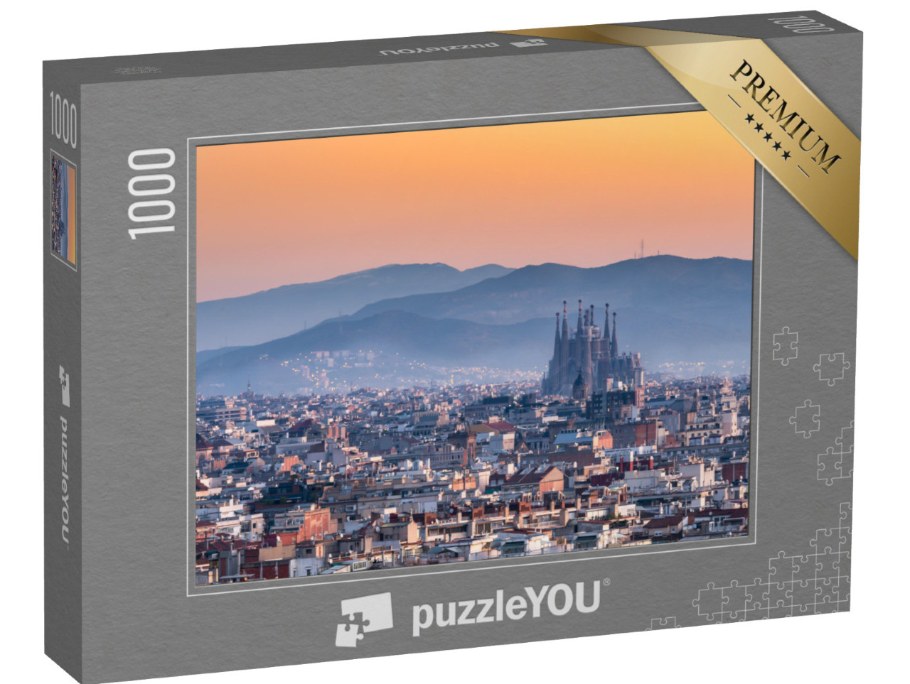 puzzle 1000 dílků „Pohled na Barcelonu s chrámem Sagrada Familia při východu slunce, Španělsko“