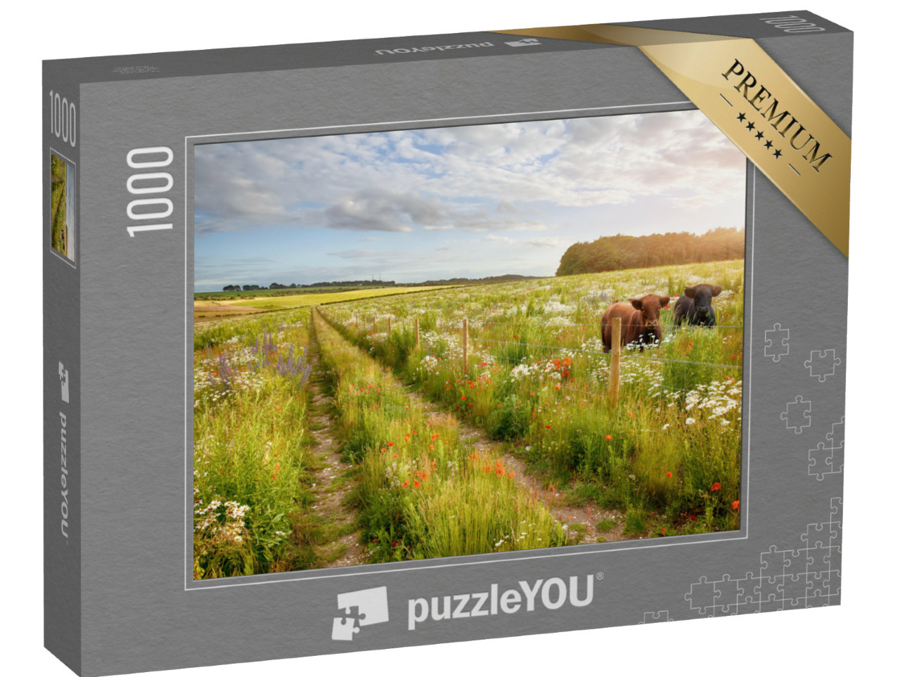 puzzle 1000 dílků „Květnatá louka se dvěma kravami“