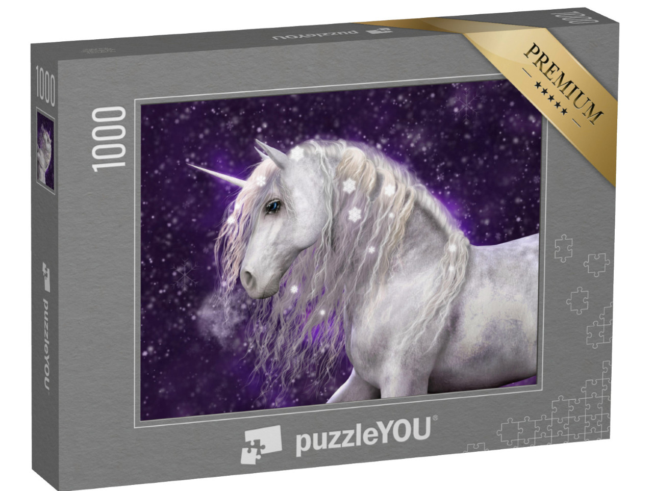 puzzle 1000 dílků „Krásný bílý jednorožec se stříbrnou hřívou a sněhem“