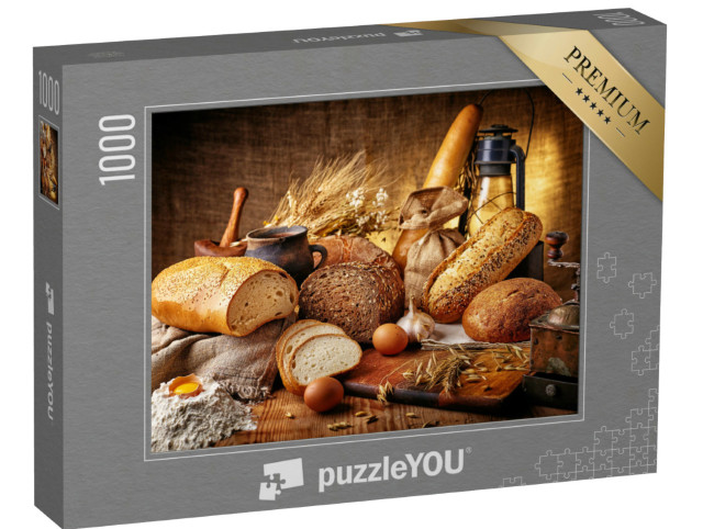 puzzle 1000 dílků „Venkovské zátiší s chlebem, vejci a mlýnkem na kávu“