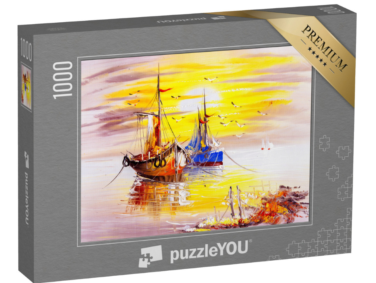 puzzle 1000 dílků „Olejomalba: Dvě rybářské lodě při západu slunce“