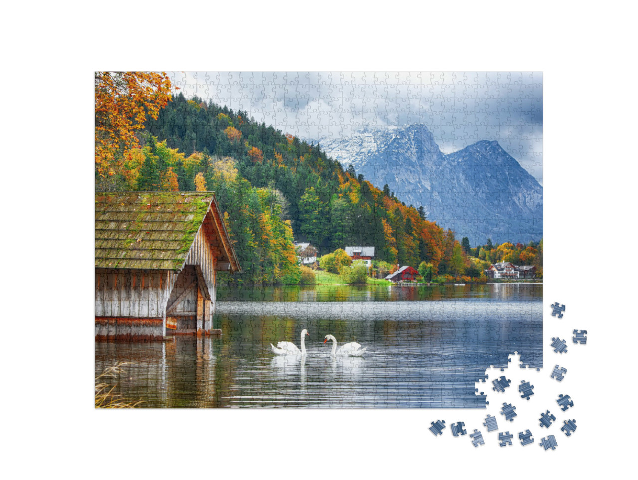 puzzle 1000 dílků „Dvě bílé labutě na Grundlsee, Štýrsko, Rakousko“