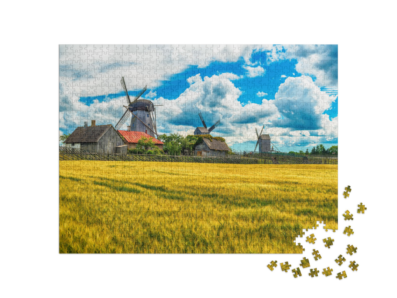 puzzle 1000 dílků „Letní pole a větrné mlýny Angla na ostrově Saaremaa, Estonsko“