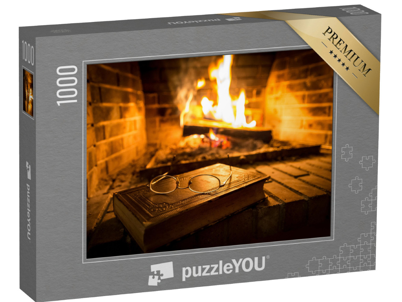 puzzle 1000 dílků „Stará kniha s brýlemi před krbem, praskající oheň“