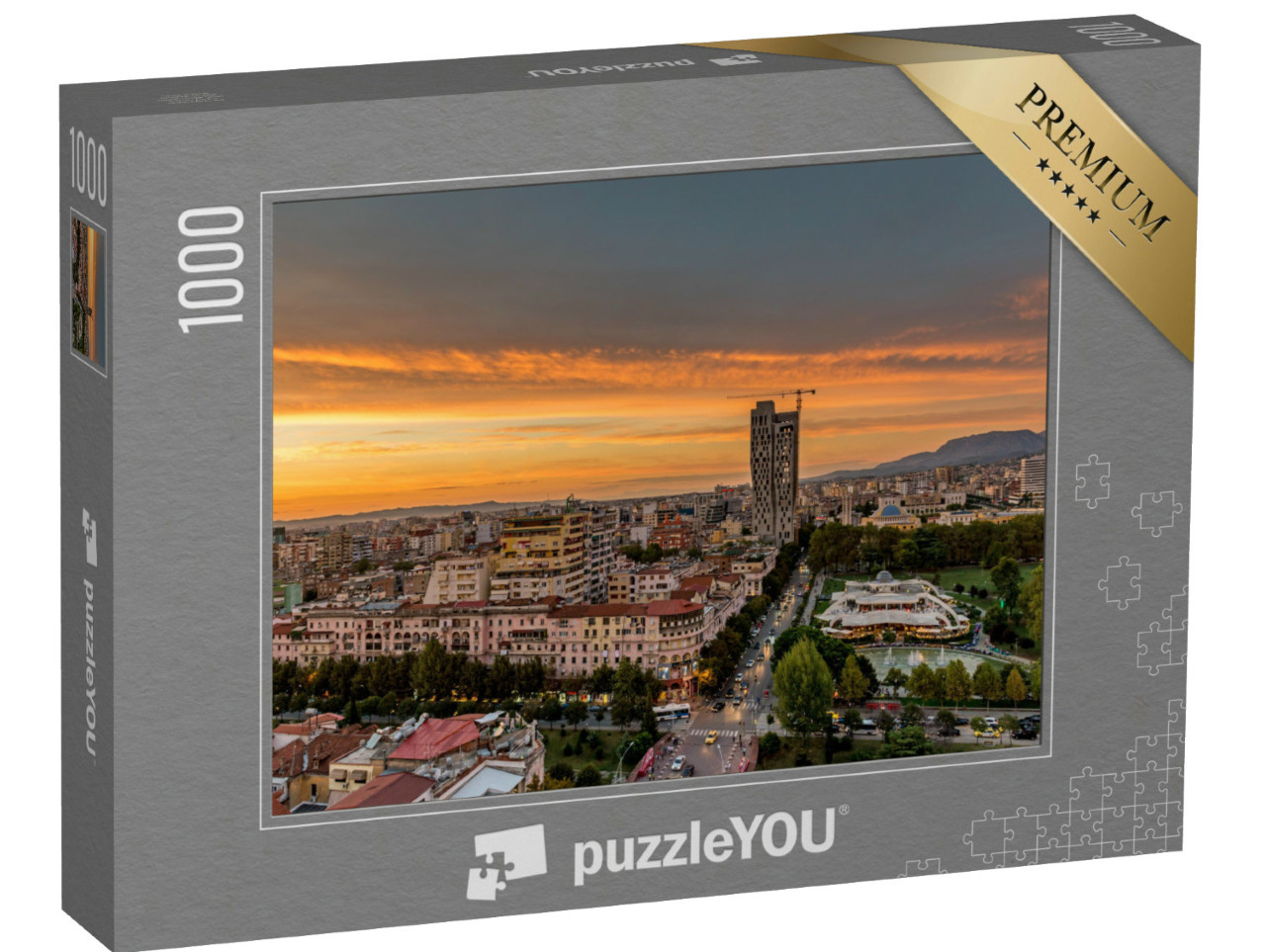 puzzle 1000 dílků „Západ slunce nad Tiranou, hlavním městem Albánie“