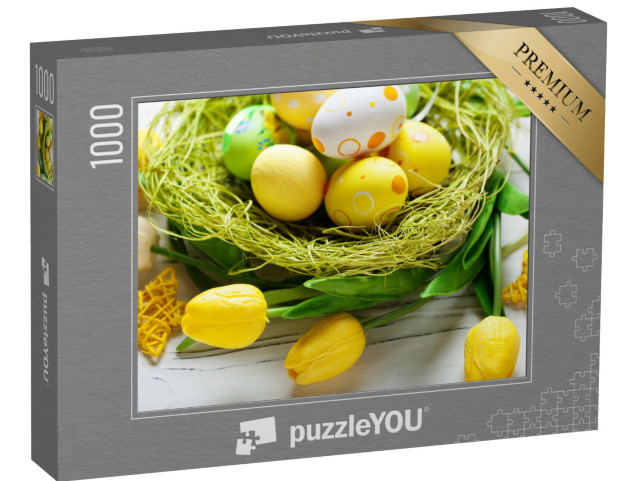 puzzle 1000 dílků „Krásná žlutá velikonoční vajíčka se žlutými tulipány“