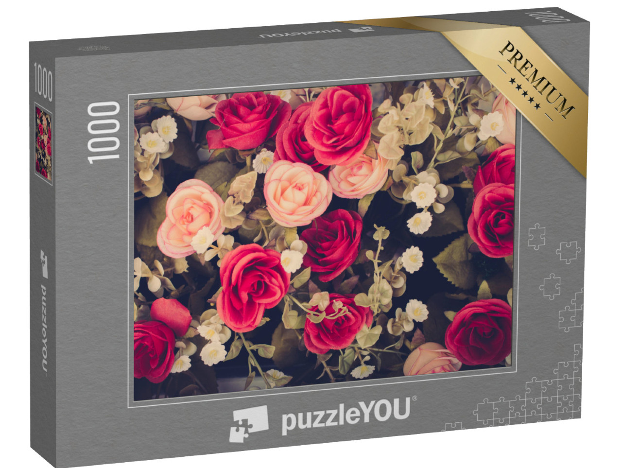 puzzle 1000 dílků „Vintage květiny s růžemi v růžové a červené barvě“