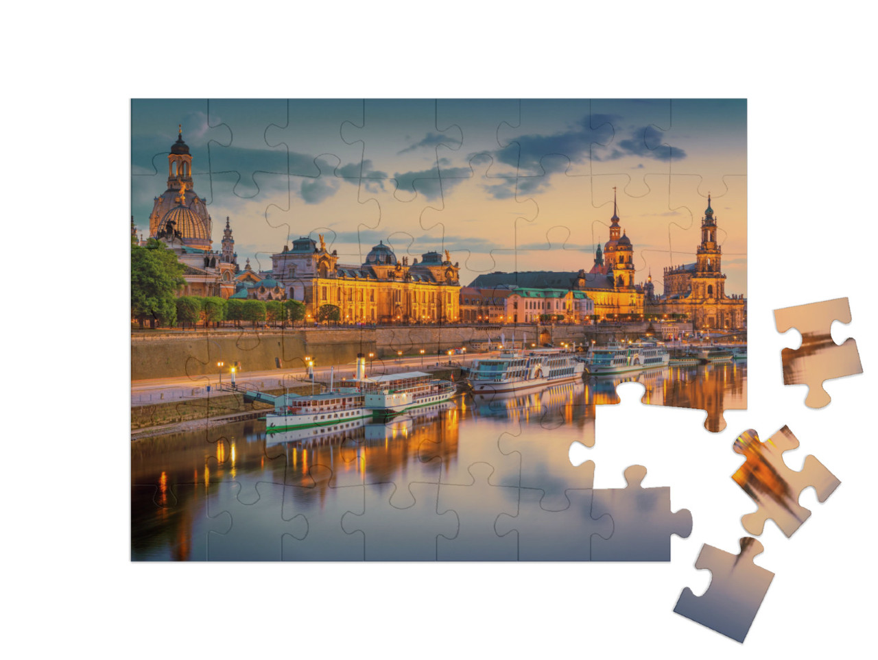puzzle 48 dílků „Drážďany na Labi: panorama města s Augustovým mostem, Sasko, Německo“