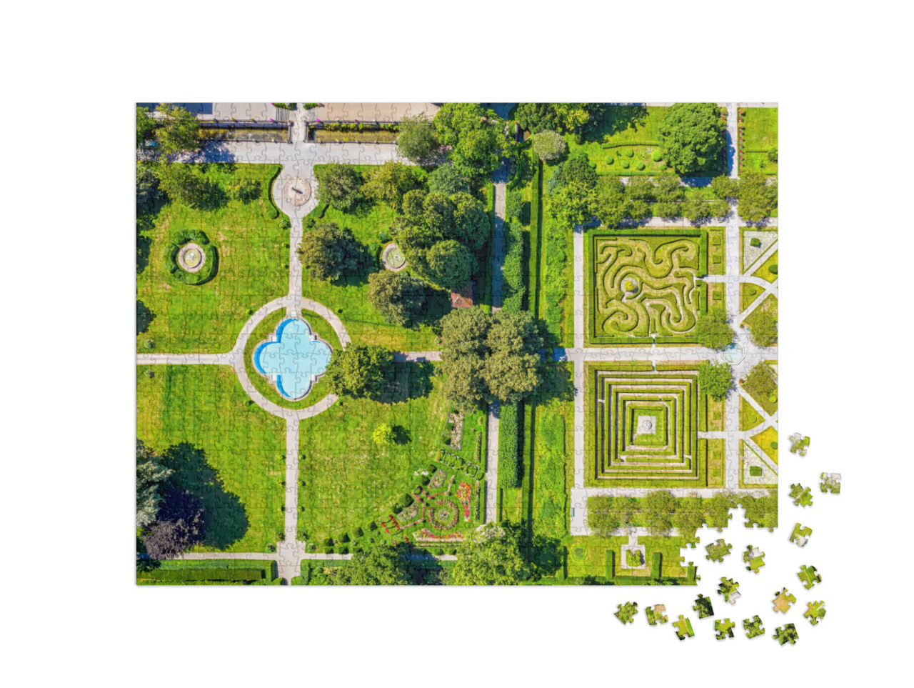 puzzle 1000 dílků „Zahrady zámku Salem u Bodamského jezera ze vzduchu, Německo“
