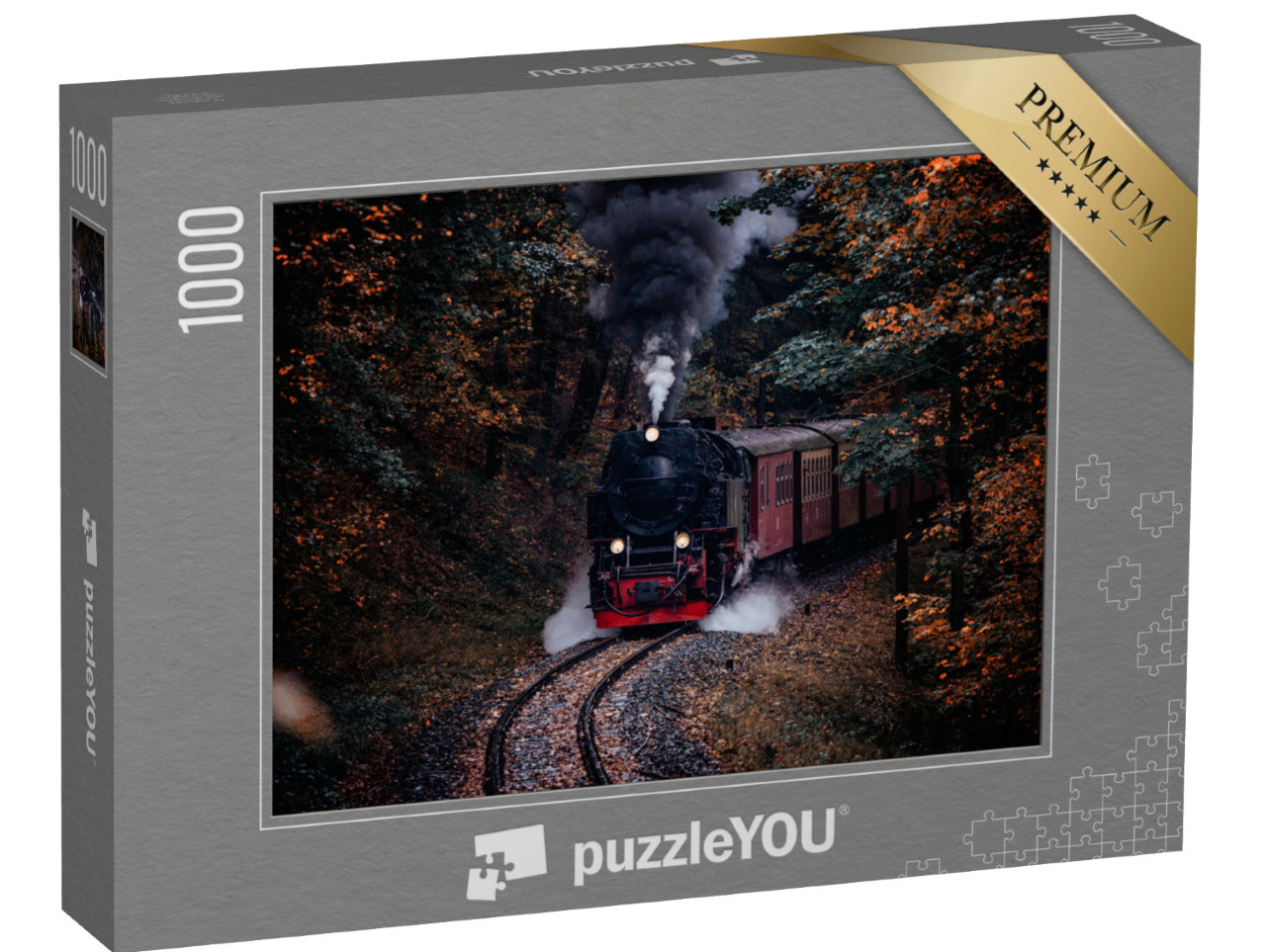 puzzle 1000 dílků „Parní lokomotiva projíždí temným podzimním lesem“