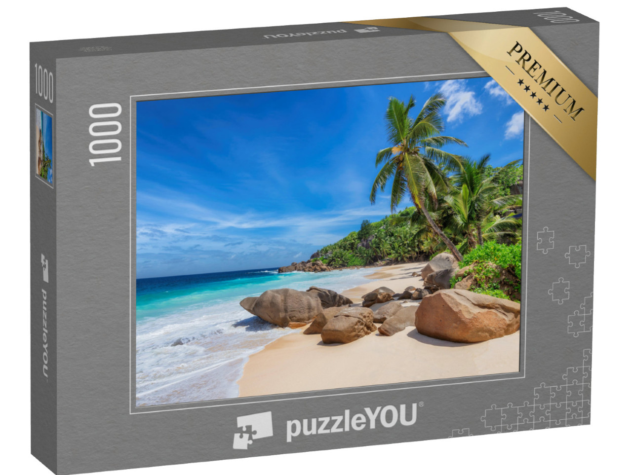 puzzle 1000 dílků „Tropická pláž a kokosové palmy na Seychelách“