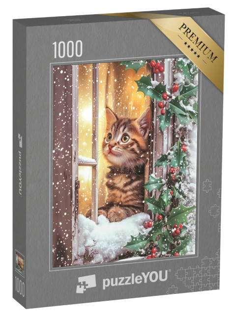 puzzle 1000 dílků „Vánoční čas: Koťátko se dívá ze zimního okna“