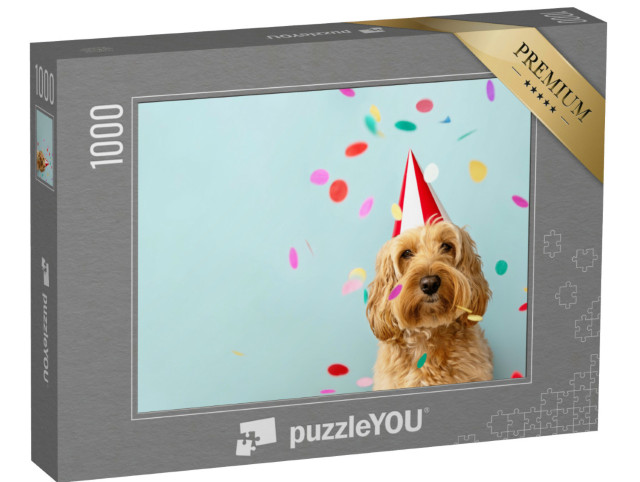 puzzle 1000 dílků „Roztomilý pes slaví na narozeninové oslavě s konfetami a...“