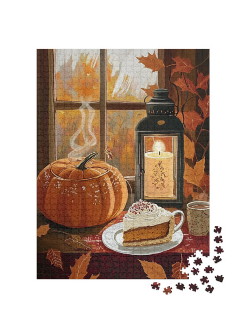 puzzle 1000 dílků „Podzimní atmosféra na Halloween s dýní a dortem“