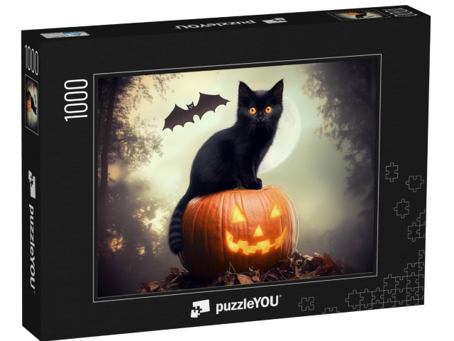 puzzle 1000 dílků „Černá kočka sedí na dýni“