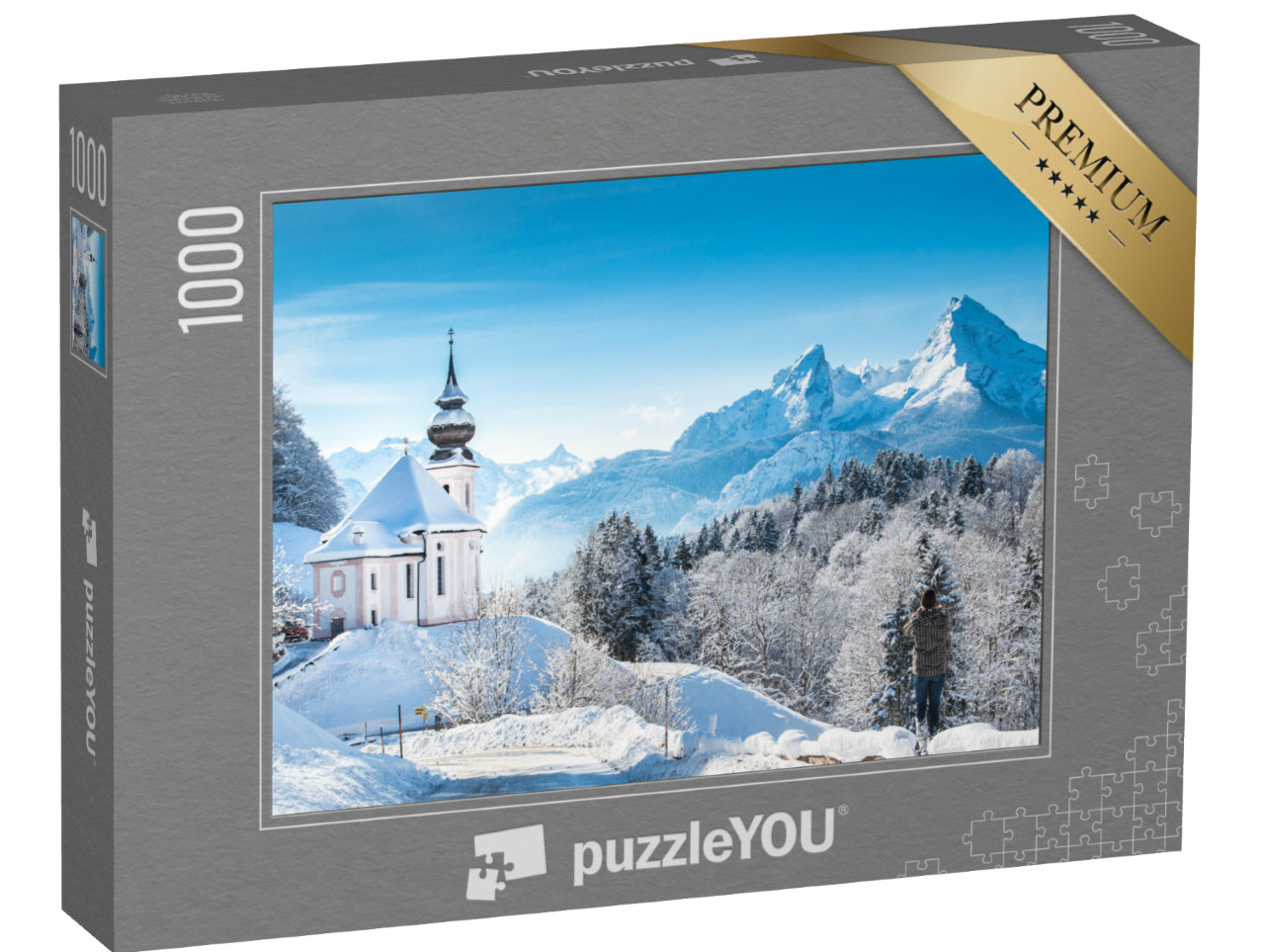 puzzle 1000 dílků „Zimní poutní kostel Maria Gern před Watzmannem, Německo“