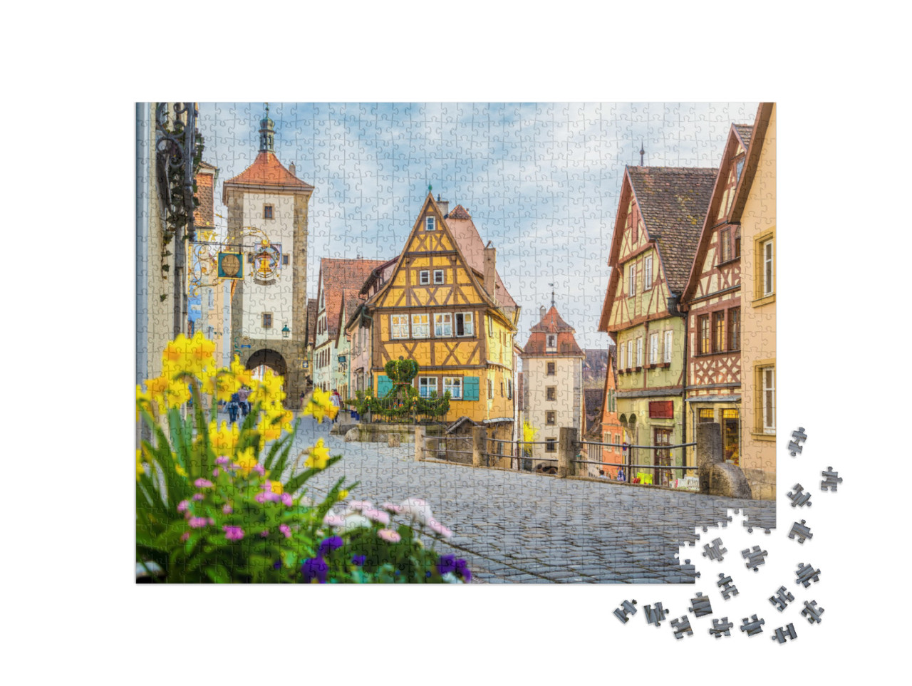 puzzle 1000 dílků „Město Rothenburg ob der Tauber s rozkvetlými květinami, Německo“