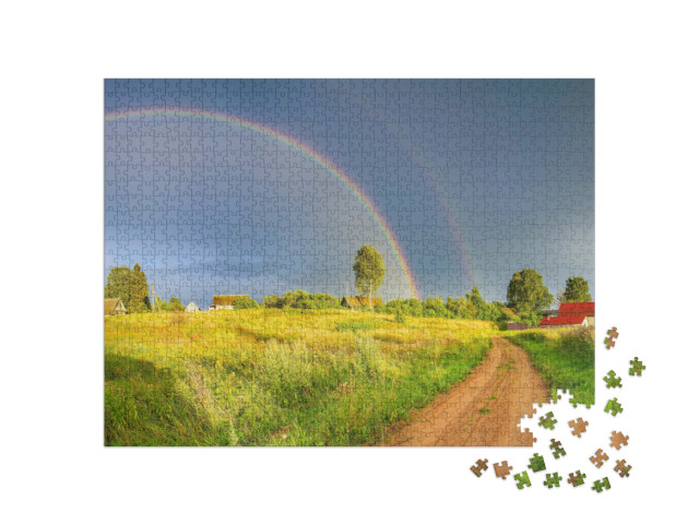 puzzle 1000 dílků „Duha nad tmavými dešťovými mraky ve venkovské krajině“