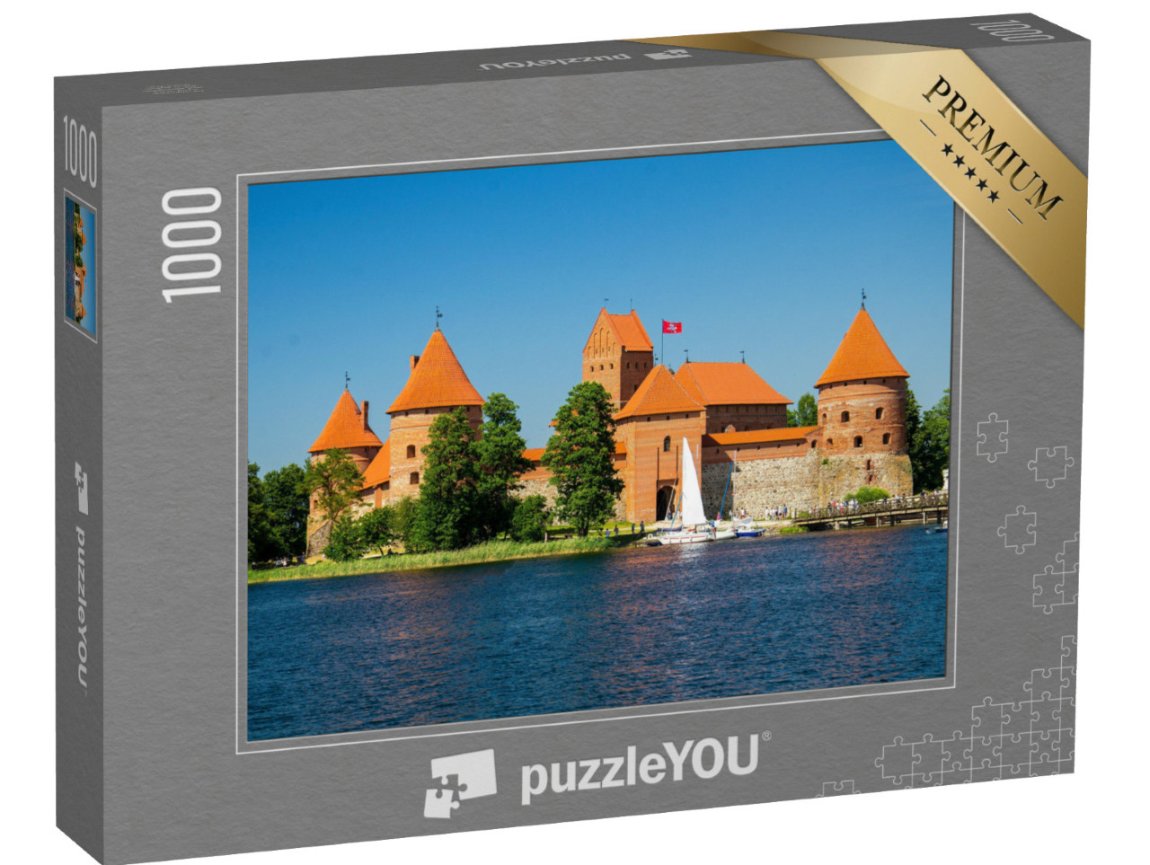 puzzle 1000 dílků „Hrad na ostrově Trakai s kamennými zdmi a věžemi, jezero Galve, Litva“