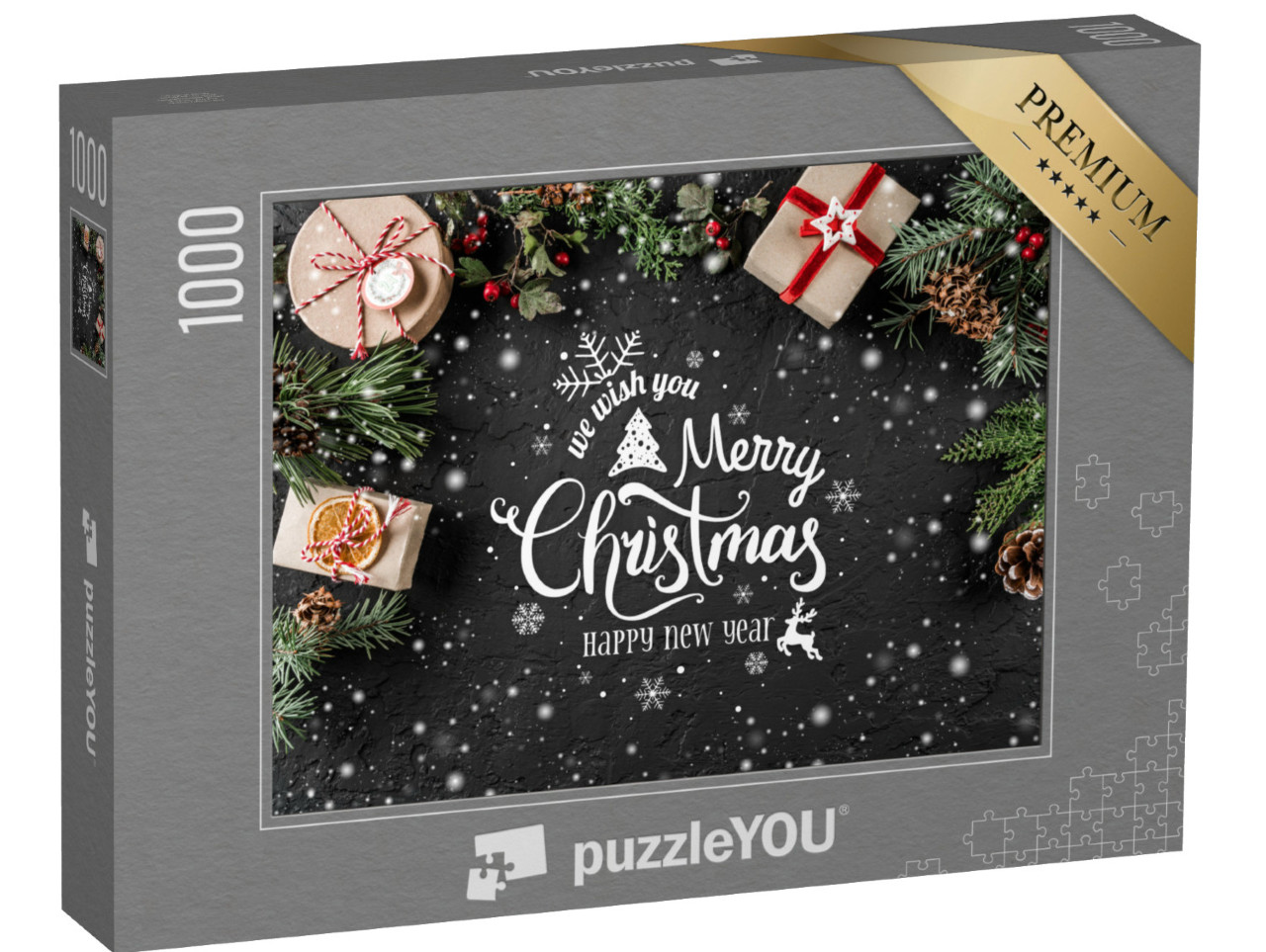 puzzle 1000 dílků „Vánoce: Jedlové větve, dárky, bobule, sníh“