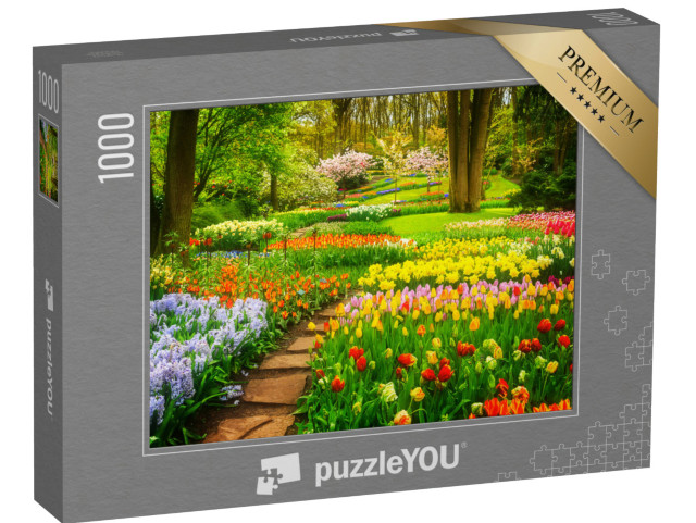 puzzle 1000 dílků „Barevné záhony tulipánů v parku“