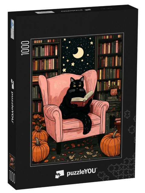 puzzle 1000 dílků „Černá kočka čte v křesle na Halloween“