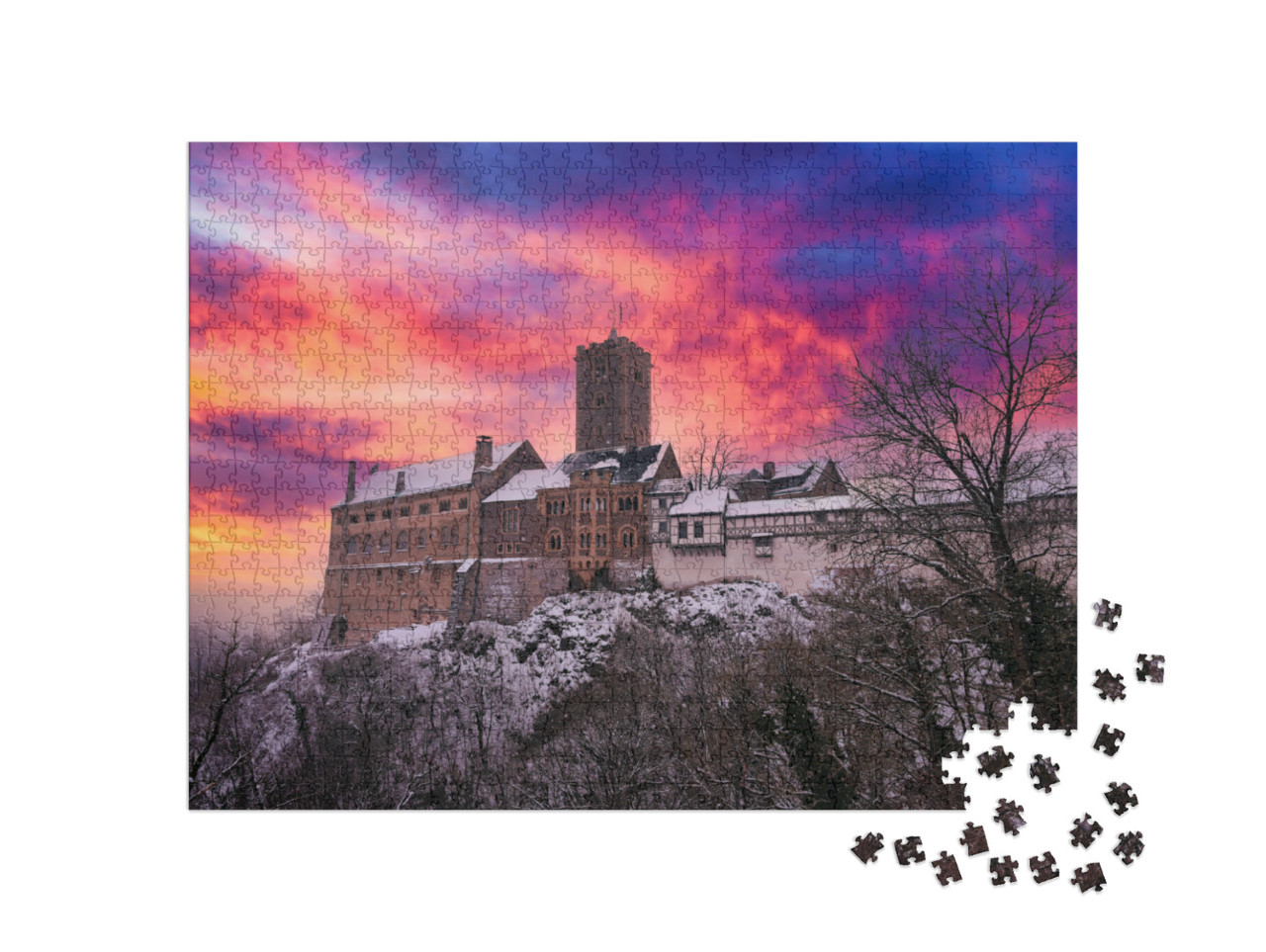 puzzle 1000 dílků „Hrad Wartburg v Durynském lese u Eisenachu v záři zapadajícího slunce“