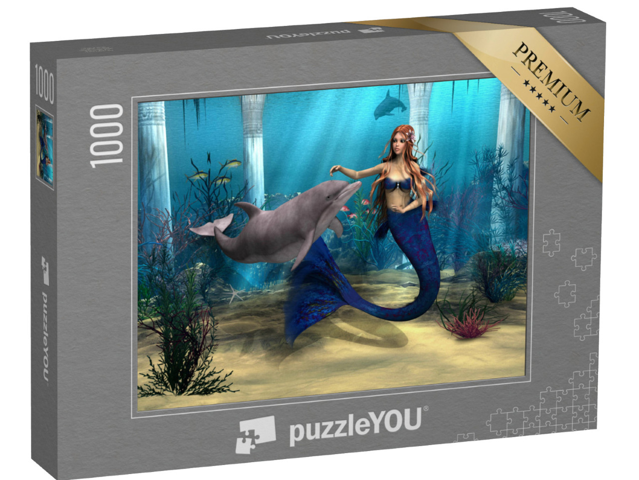 puzzle 1000 dílků „Mořská panna a delfín v oceánu fantazie“