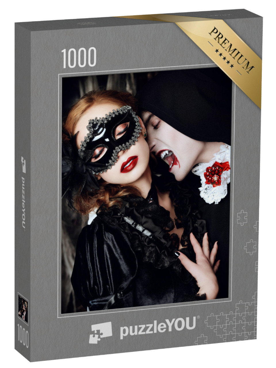 puzzle 1000 dílků „Upír ve středověkém oděvu kousne mladou ženu“