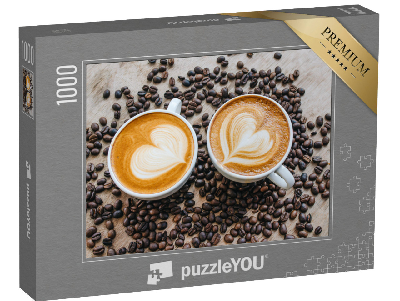 puzzle 1000 dílků „Latte art srdce na dvou kávách se zrnkovou kávou“