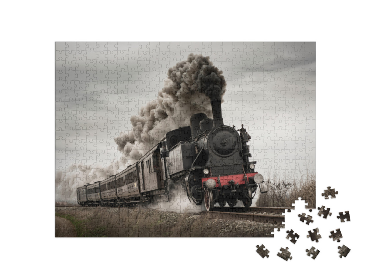 puzzle 500 dílků „Historický parní vlak se starou lokomotivou a starými vagóny“