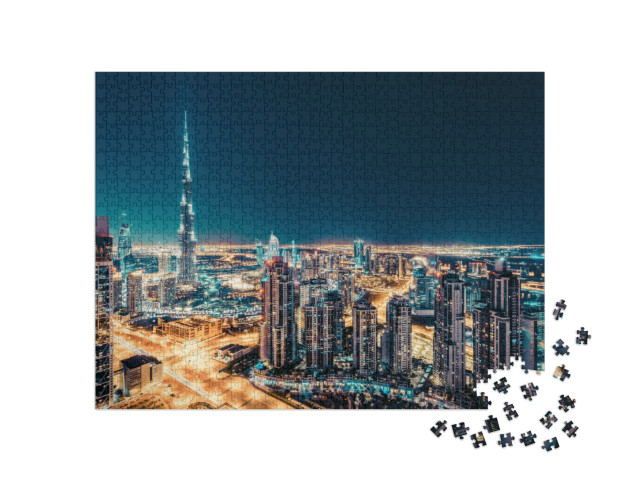 puzzle 1000 dílků „Panorama s osvětlenými mrakodrapy, Dubaj“