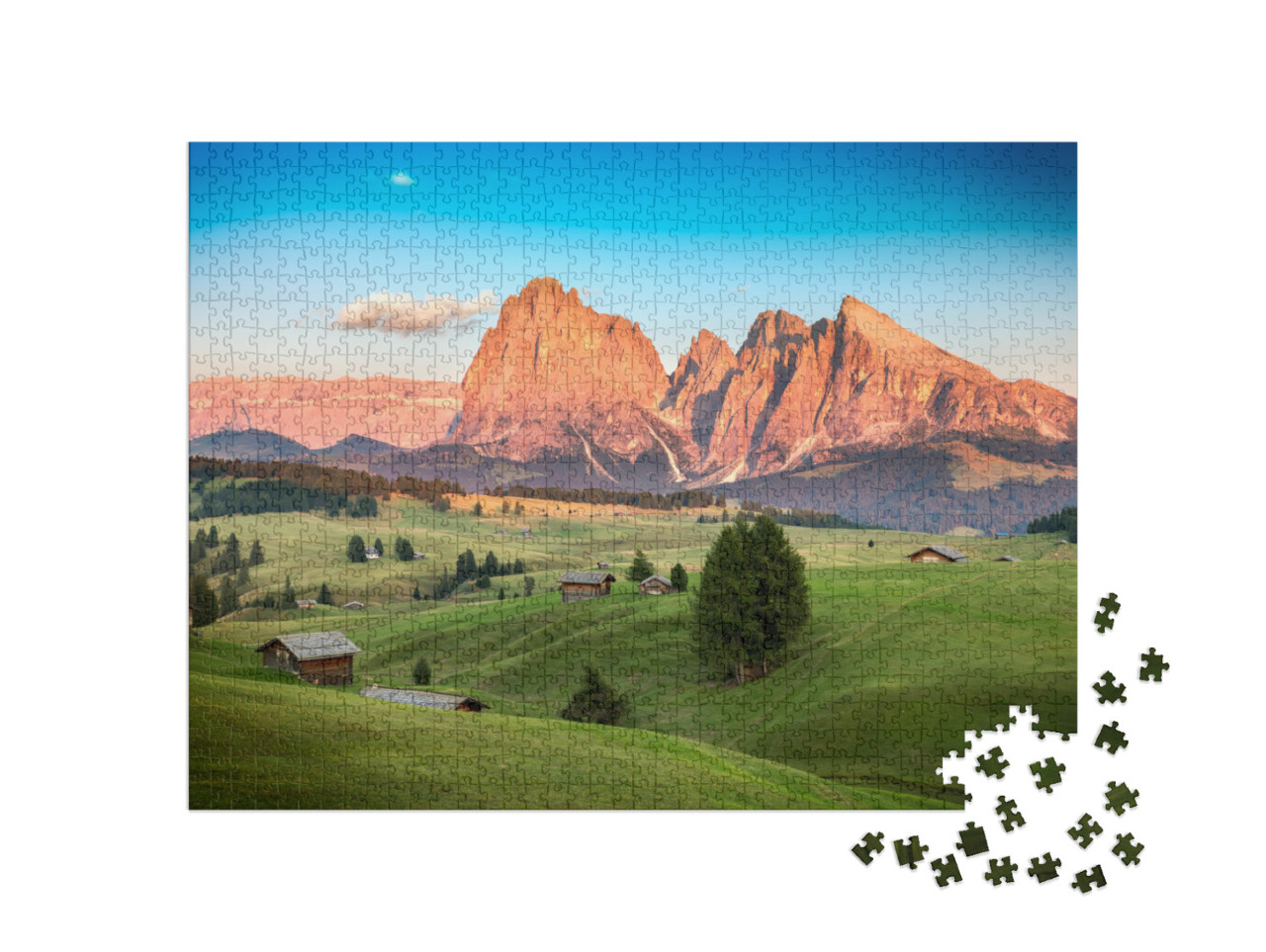 puzzle 1000 dílků „Alpe di Siusi se skupinou Sassolungo ve večerním slunci, Jižní Tyrolsko“