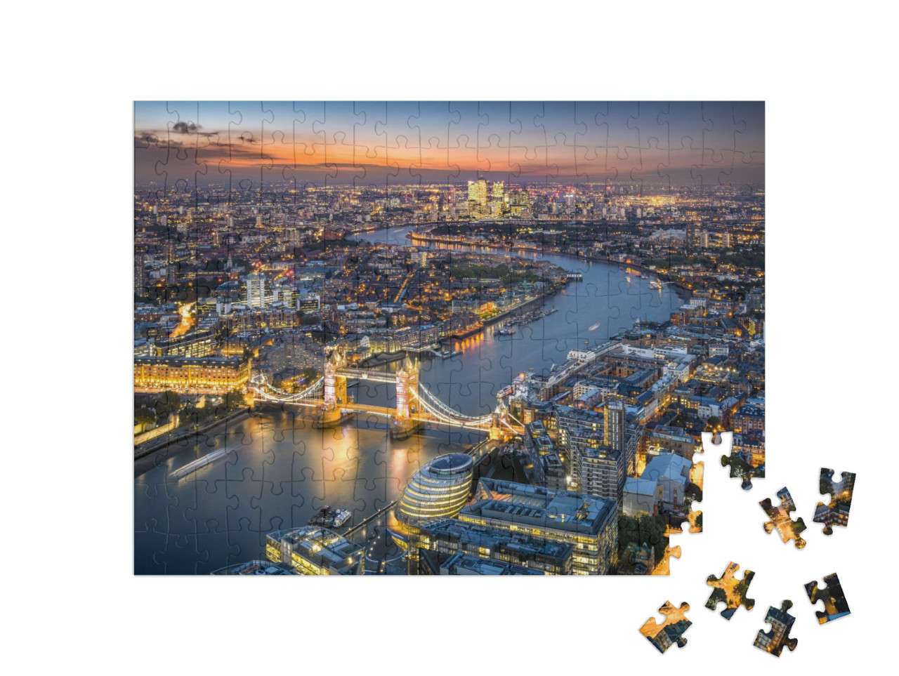 puzzle 200 dílků „Londýnské panorama s Tower Bridge za soumraku“