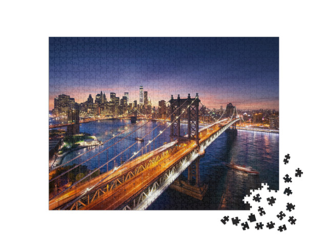 puzzle 1000 dílků „Západ slunce nad Manhattanem a Brooklynským mostem, New York“