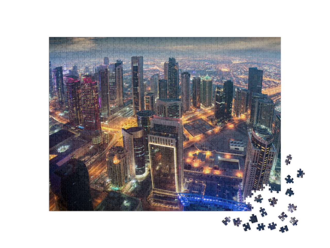 puzzle 1000 dílků „Letecký pohled na osvětlené centrum katarského Dauhá“