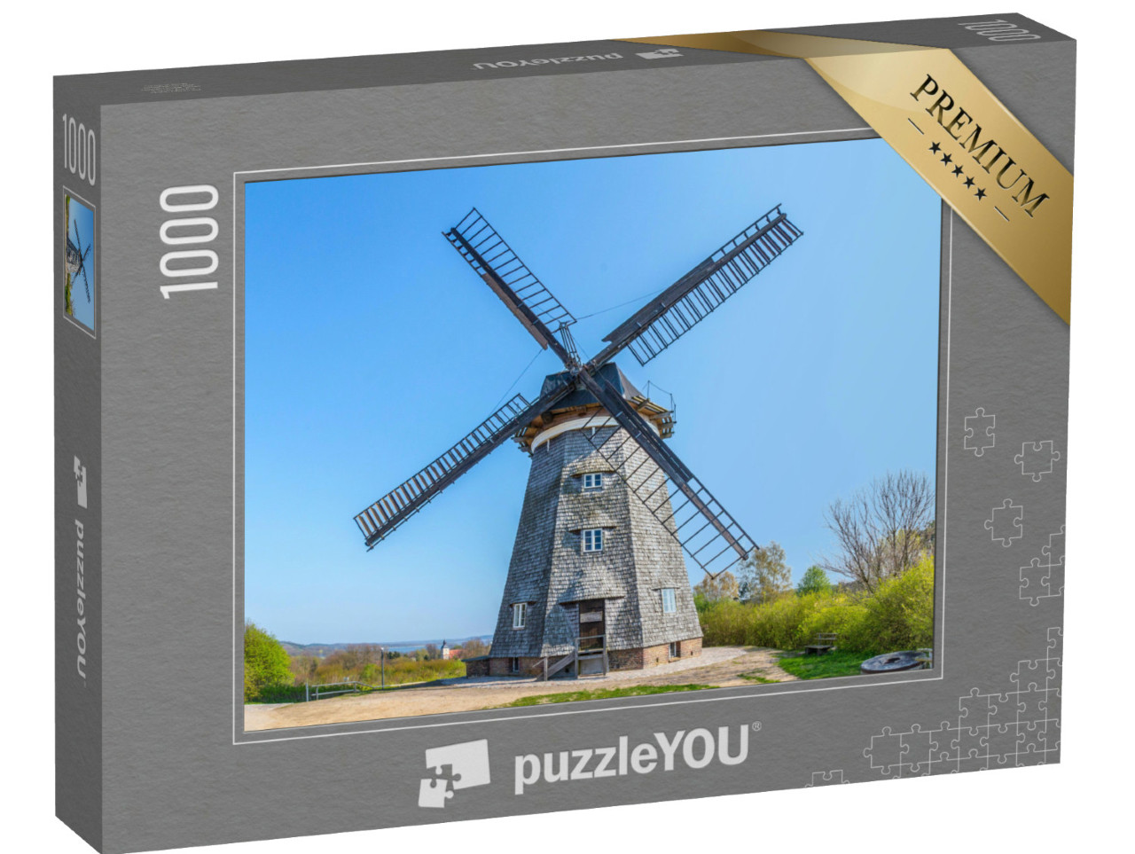 puzzle 1000 dílků „Holandský větrný mlýn od firmy Benz na ostrově Usedom, Baltské moře, Německo“