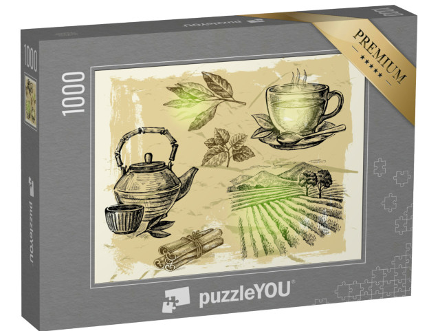 puzzle 1000 dílků „Vektorový ručně kreslený čaj na malířském pozadí...“