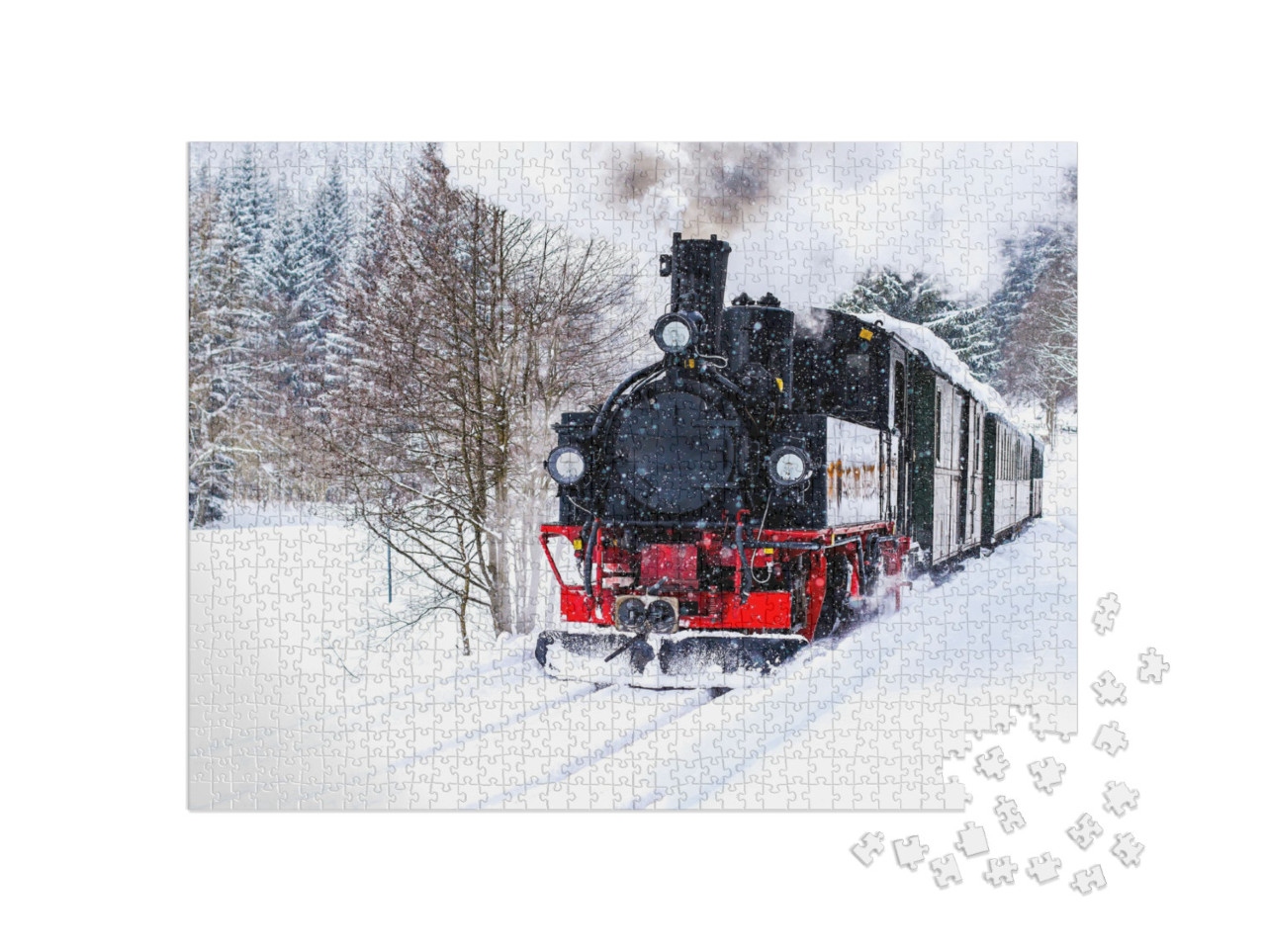 puzzle 1000 dílků „Cesta parního vlaku zimní krajinou“