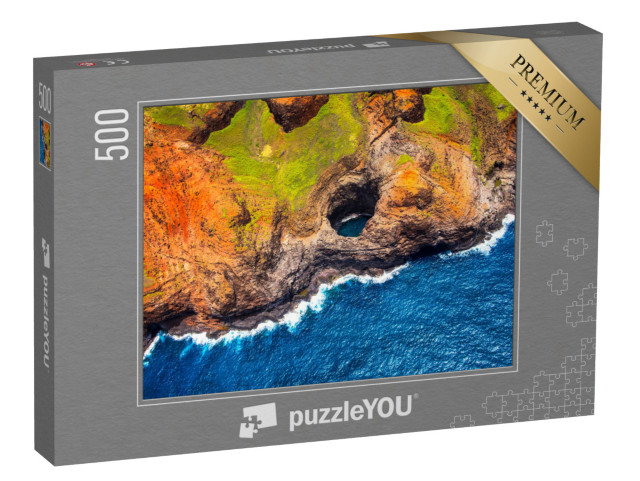 puzzle 500 dílků „Letecký pohled na pobřeží Na Pali s otevřenou jeskyní, Kauai, Hawaii“