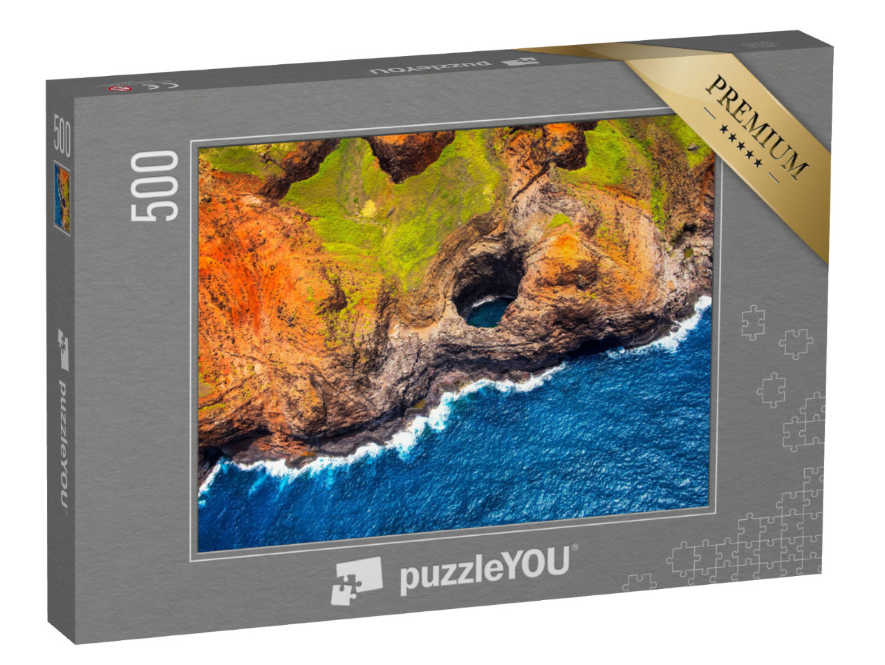 puzzle 500 dílků „Letecký pohled na pobřeží Na Pali s otevřenou jeskyní, Kauai, Hawaii“