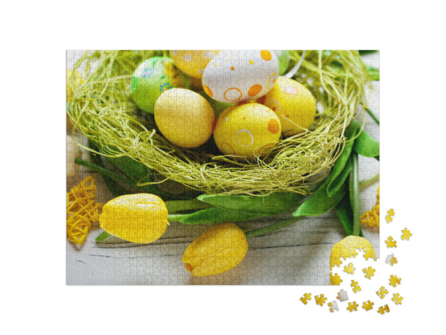 puzzle 1000 dílků „Krásná žlutá velikonoční vajíčka se žlutými tulipány“