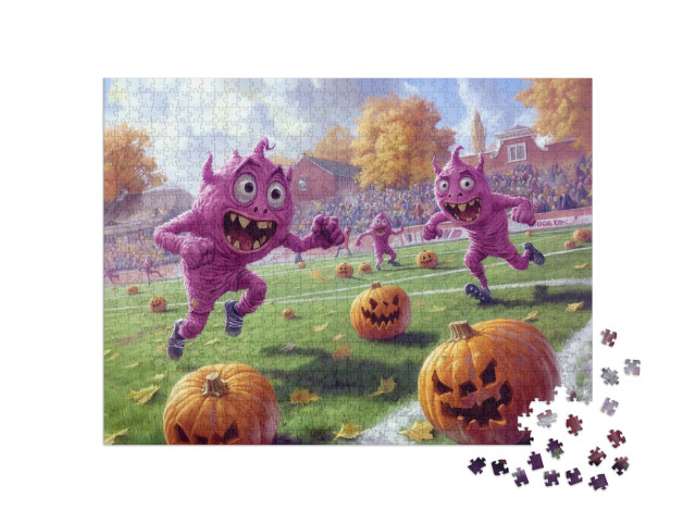 puzzle 1000 dílků „Monstra hrají fotbal s dýní“