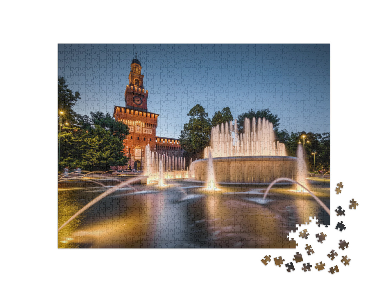 puzzle 1000 dílků „Castello Sforzesco s večerní osvětlenou fontánou, Milán, Itálie“